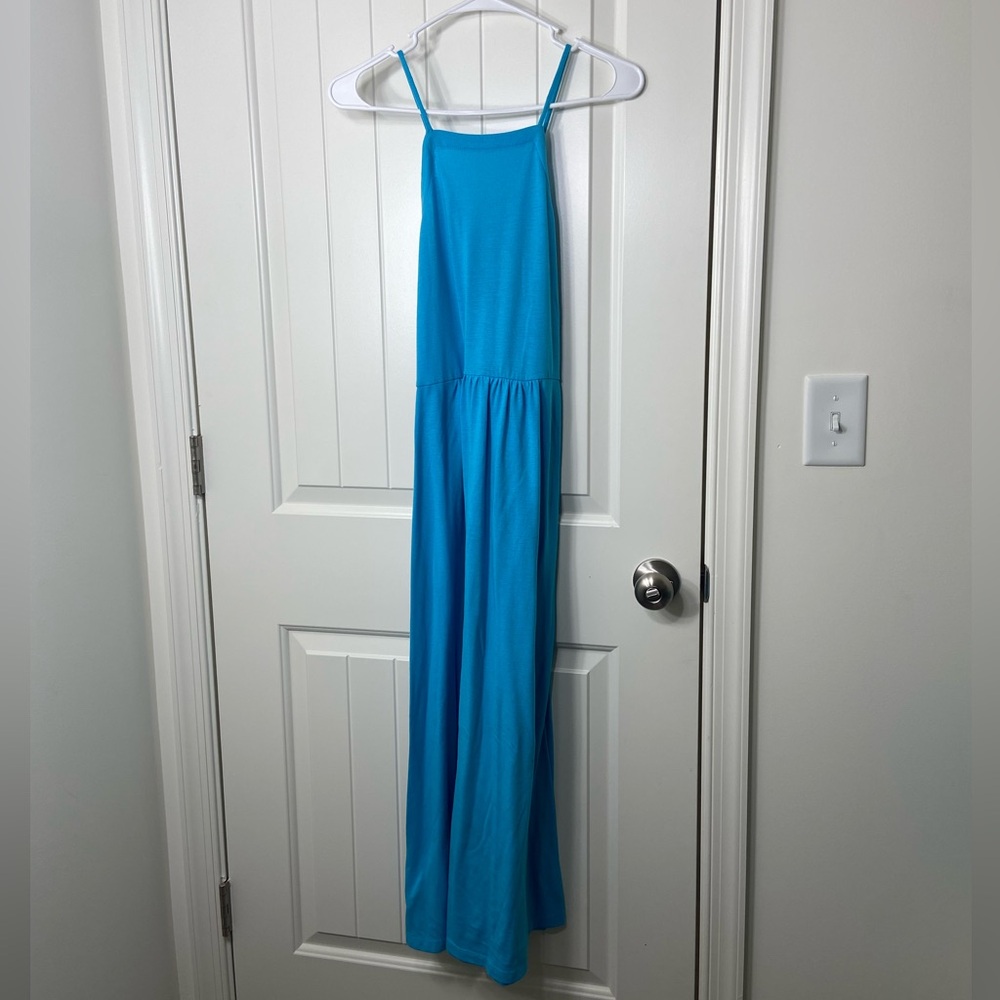 LOFT Lou & Grey women’s bright blue high neck crossed strap midi stretch dress